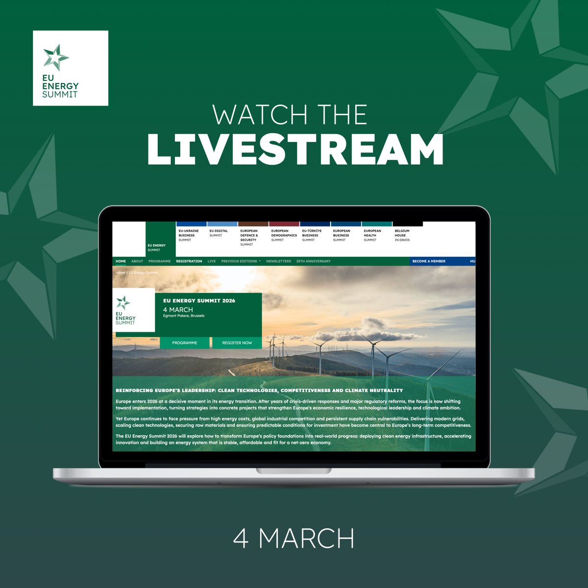 ebsummiteurope's tweet photo. 🎥 Can’t join us in person? Watch the EU Energy Summit live!

On 4 May, the EU Energy Summit will be available via livestream, so you can follow the discussions wherever you are.

Under the theme "Reinforcing Europe’s Leadership: Clean Technologies, Competitiveness and Climate Neutrality", we expect high-level exchanges on scaling clean tech, strengthening Europe’s industrial competitiveness, and accelerating the path to climate neutrality.

The livestream will be available here on the day of the Summit: https://t.co/FDeD2qWcnn

#EES2026