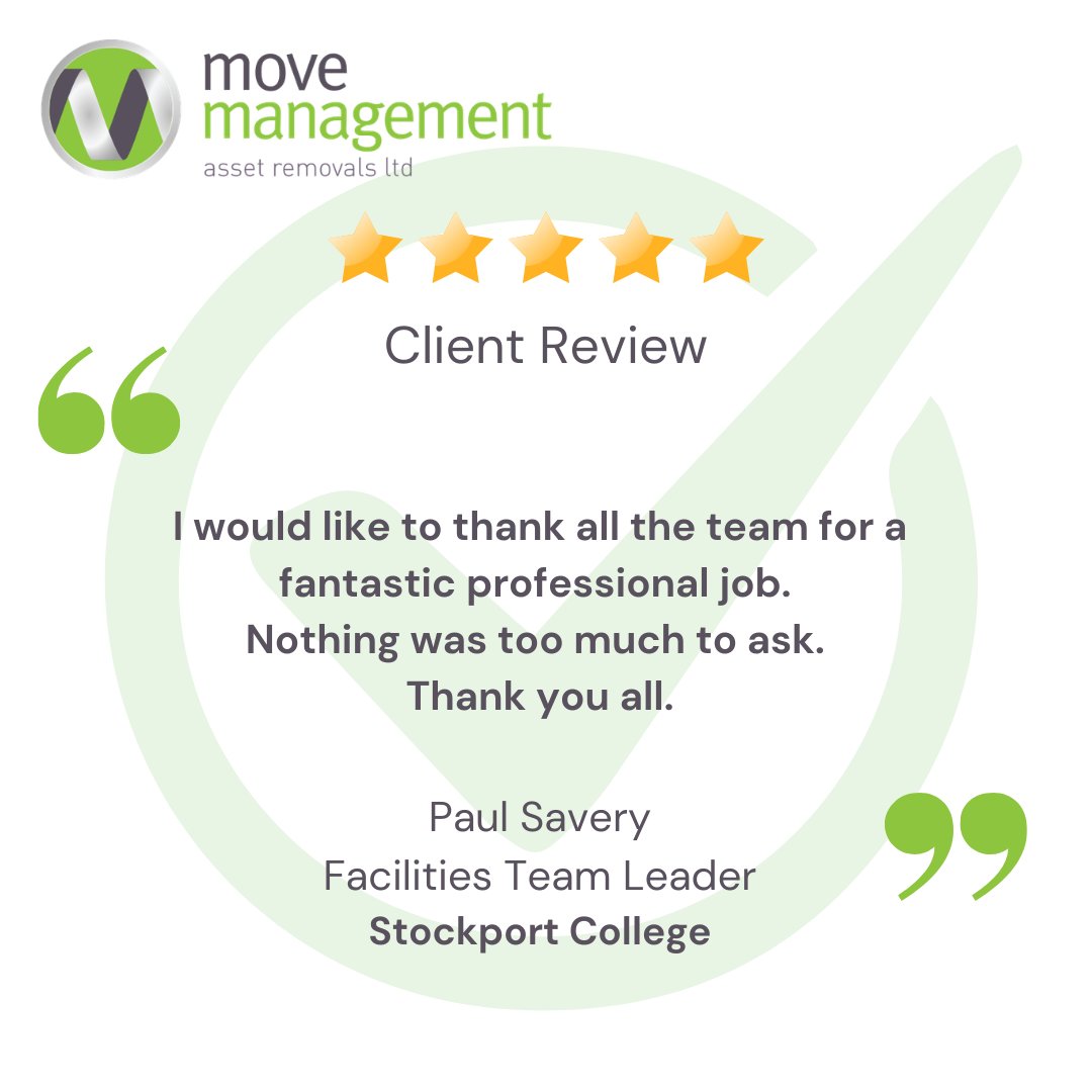 MoveManAR's tweet photo. Another great #5StarReview following recent #clearance and #recycling for #StockportCollege.
Business needs a #clearout? Get in touch today:
๐ฑ 07918 716165
๐ฉ info@movemanltd.com
๐ https://t.co/wnLvgglidI
#MoveManagement #ProjectManagement
#FacilitiesManager #businessmoves https://t.co/hxvm1xWVot