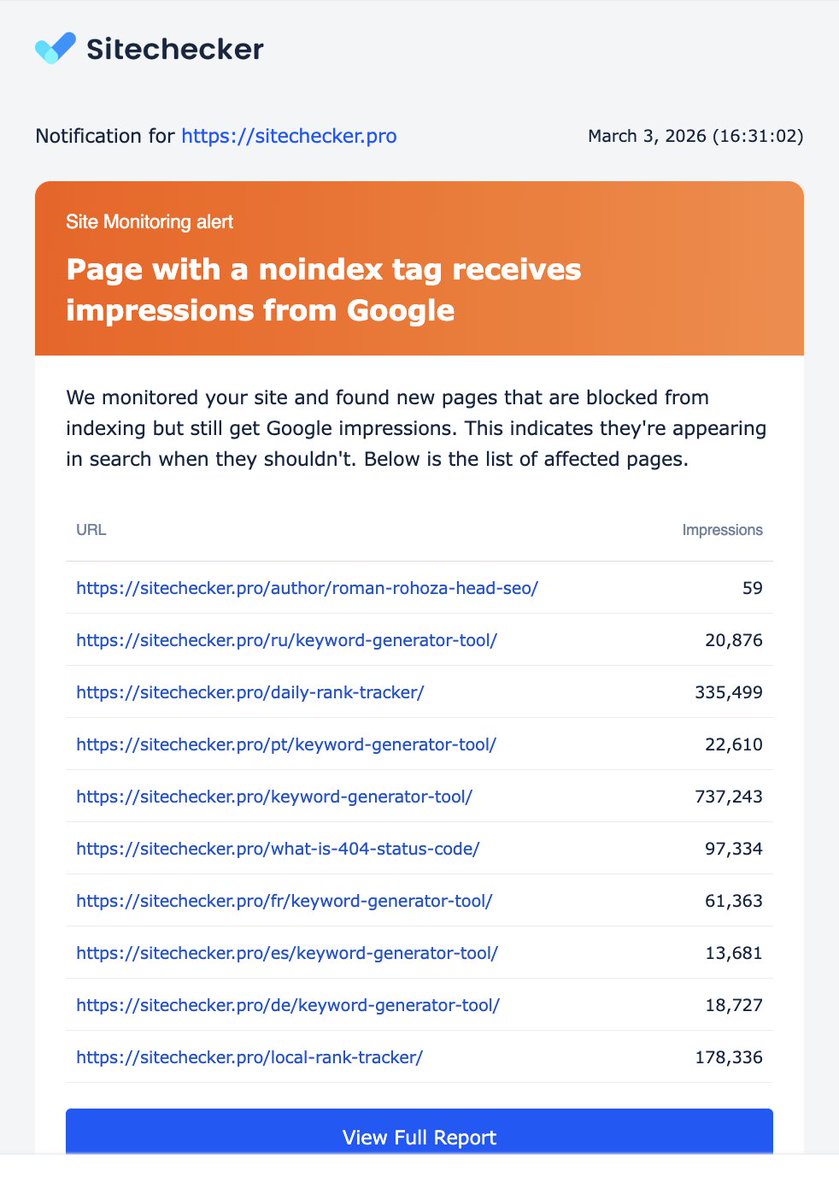 SEO alerts we created just saved our own website from a huge traffic drop.

Somebody added a noindex tag to valuable pages with a lot of traffic.

There are 3 popular scenarios of how this mistake happens.

MARKETING TEAM RELATED (most popular)

1/ Your SEO or content manager