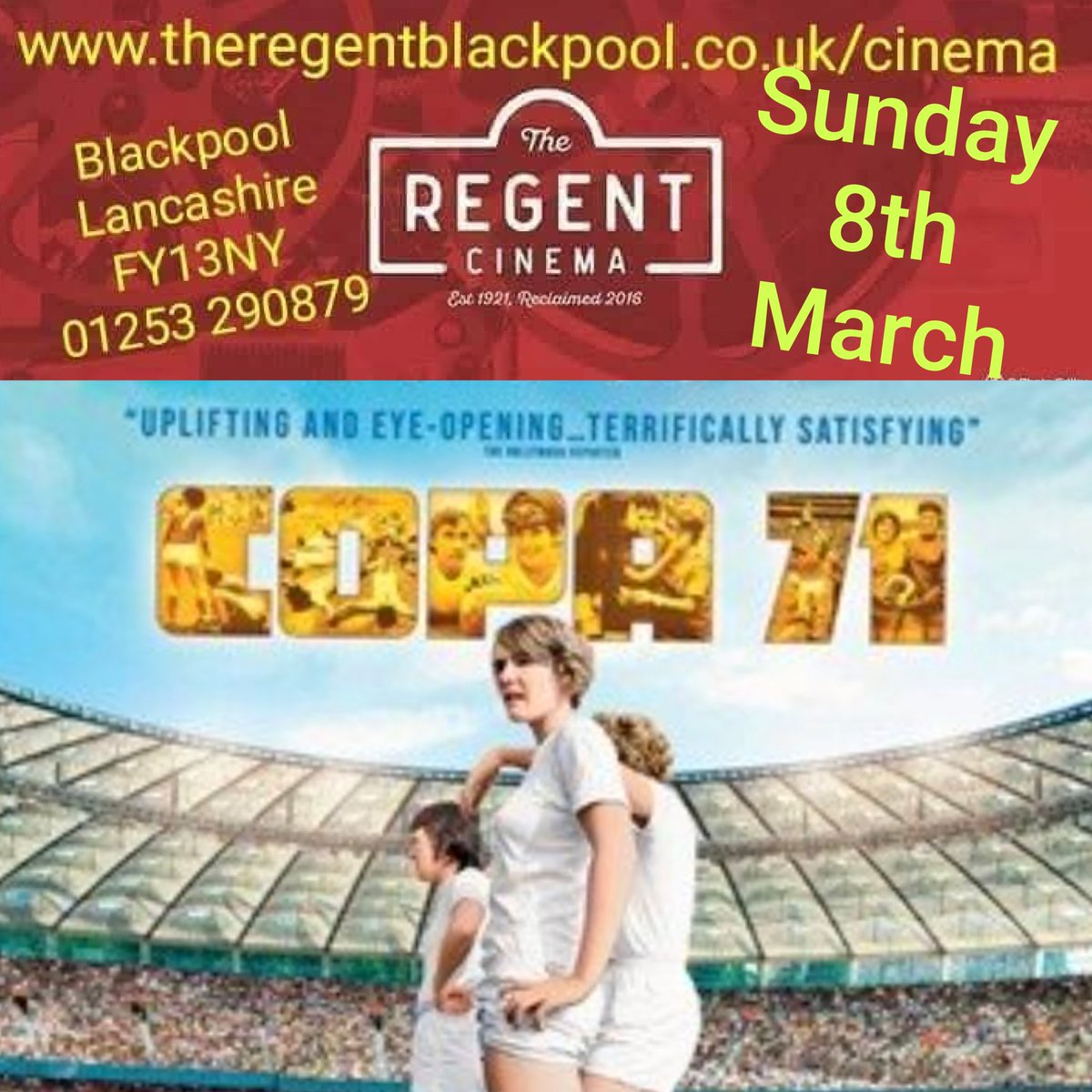 <a href="/regentcinemabp/">The Regent Independent Cinema</a> 🐦
All tickets are bookable now.
Book now
theregentblackpool.co.uk/cinema
The Regent Cinema 
☎️ 01253 290879 
#TheRegentCinema #RegentCinemaBlackpool #Copia71 #WorldCup #Football #WomensFootball