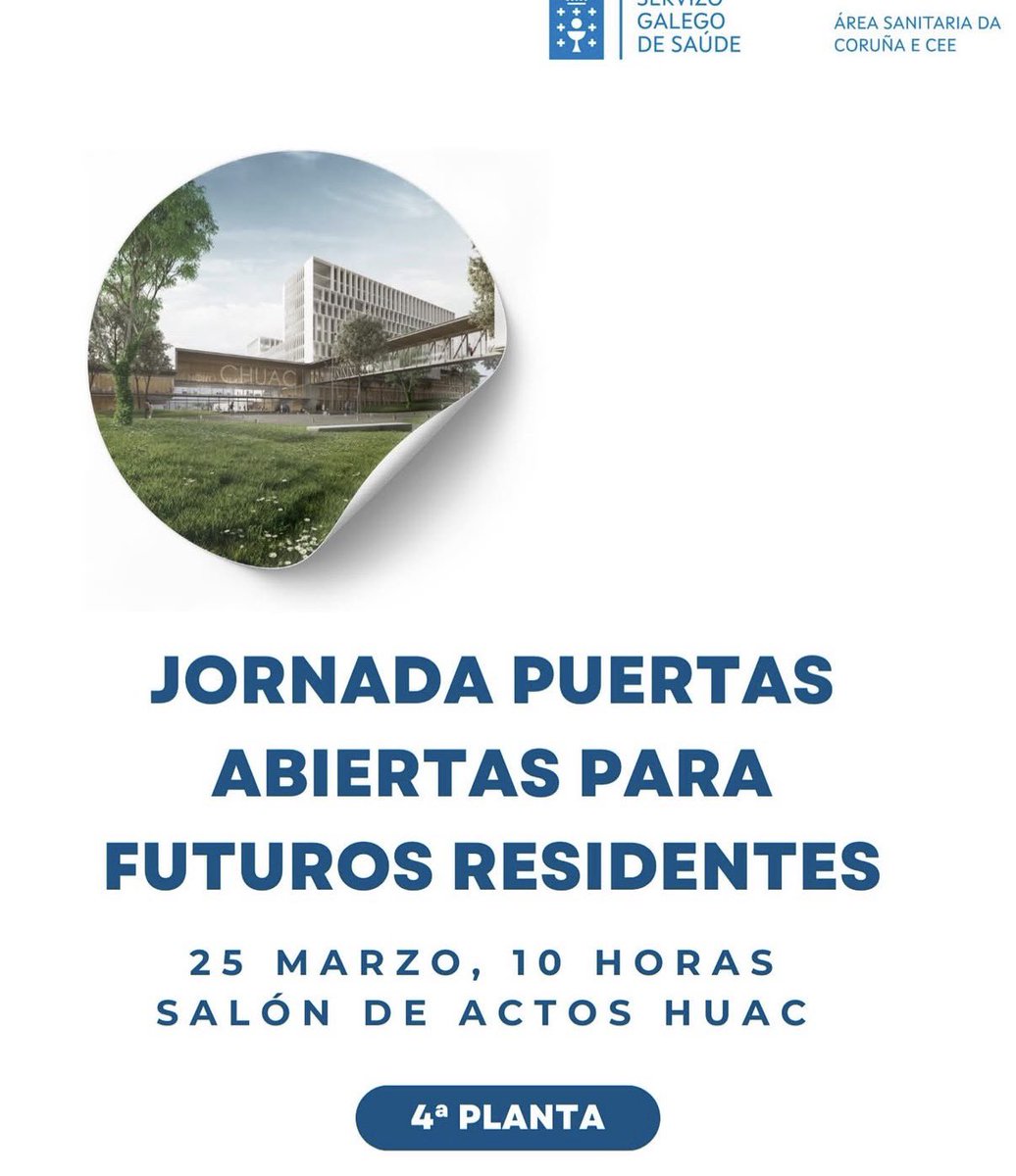 FarmaCHUAC's tweet photo. 📢Atención futuros residentes de #FarmaciaHospitalaria 
Jornada de Puertas Abiertas 2026 en #CHUAC 
🗓️ 25 marzo 2026 a las 10:00
📍Salón de Actos  

Inscríbete! Te esperamos! 📌
🔗 https://t.co/H0qJD84Zqy https://t.co/4YPCUjWfIh