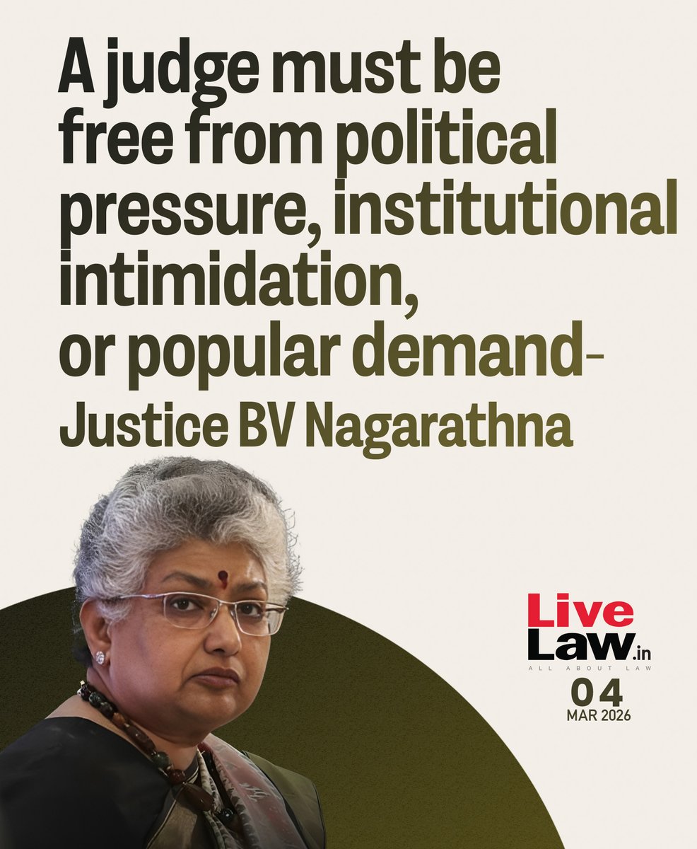 Judicial independence, Justice Nagarathna said, ultimately derives its meaning not merely from constitutional safeguards or institutional design, but from the manner in which judges discharge their office.
Read more: bitl.to/5jHA 
#JusticeBVNagarathna #SupremeCourt