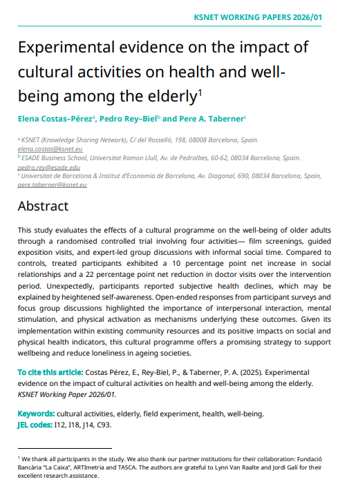 KSNET_'s tweet photo. 🔎 Presentamos el Working Paper 2026/01 

Un ensayo controlado aleatorizado (RCT) que evalúa el impacto de un itinerario cultural en el bienestar y la salud de las personas mayores

Accede aquí 👇
🔗 https://t.co/SpYbmp9uE9

✍️ @elena_costas @Pedroreybiel @PereATaberner https://t.co/teNviXUm9E