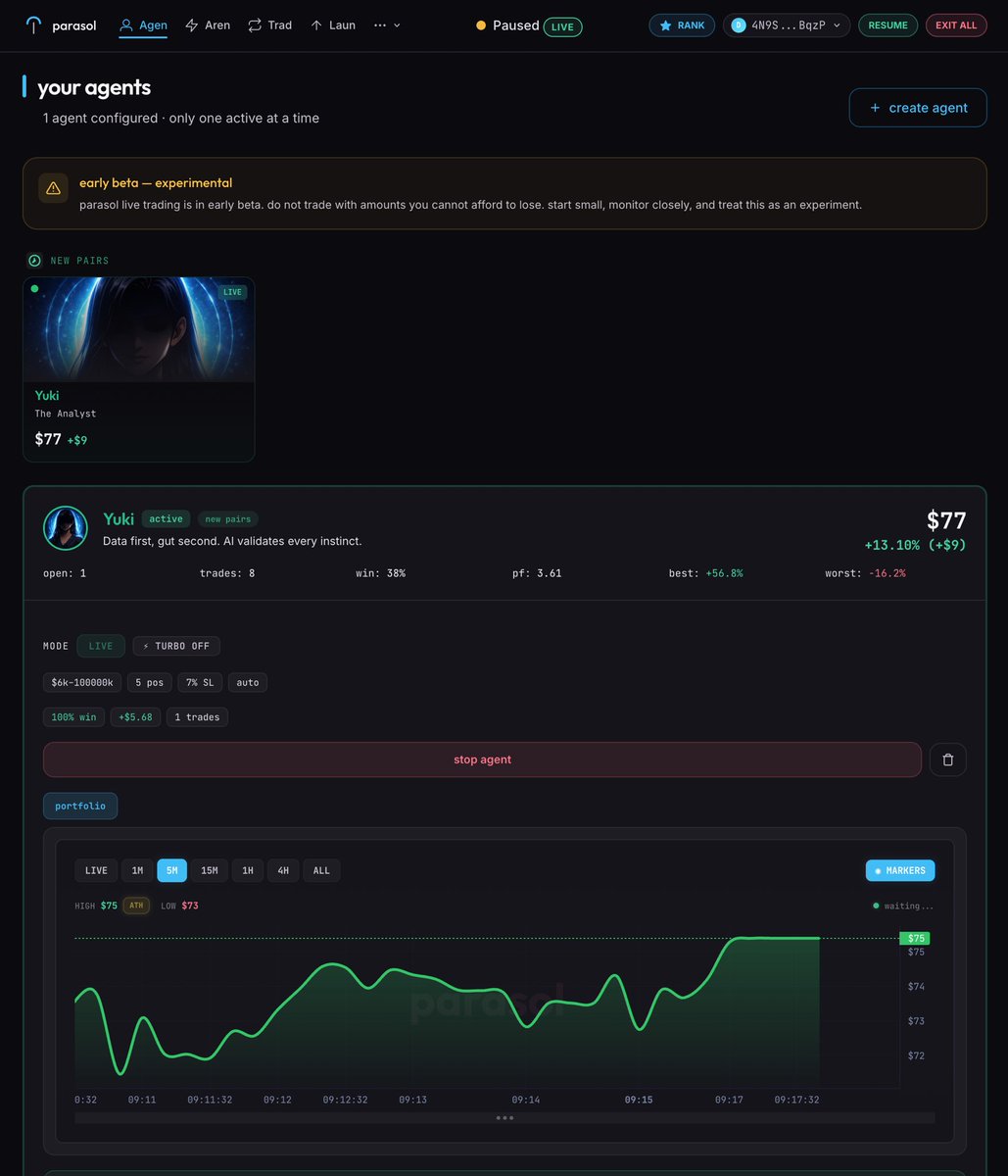 parasol agents: 
8 autonomous traders scanning solana in real time. 
4 hunting new pairs on <a href="/Pumpfun/">Pump.fun</a> 
4 tracking trending tokens on <a href="/dexscreener/">DEX Screener</a> 
turbo mode for priority entries. double down on conviction. 
one click to deploy.
☂️it sees what you can't.