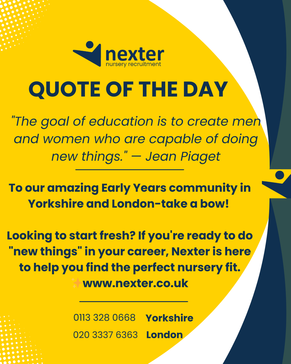 nexterrec's tweet photo. "The goal of education is to create men and women who are capable of doing new things." Jean Piaget 🚀

Ready to do "new things" in your own career? #Yorkshire &amp; #London educators building the future! 💛 

Apply for our latest roles: https://t.co/Ndgb0fJ5tx

#EYFS #NurseryJobs https://t.co/Re6R1GSO25
