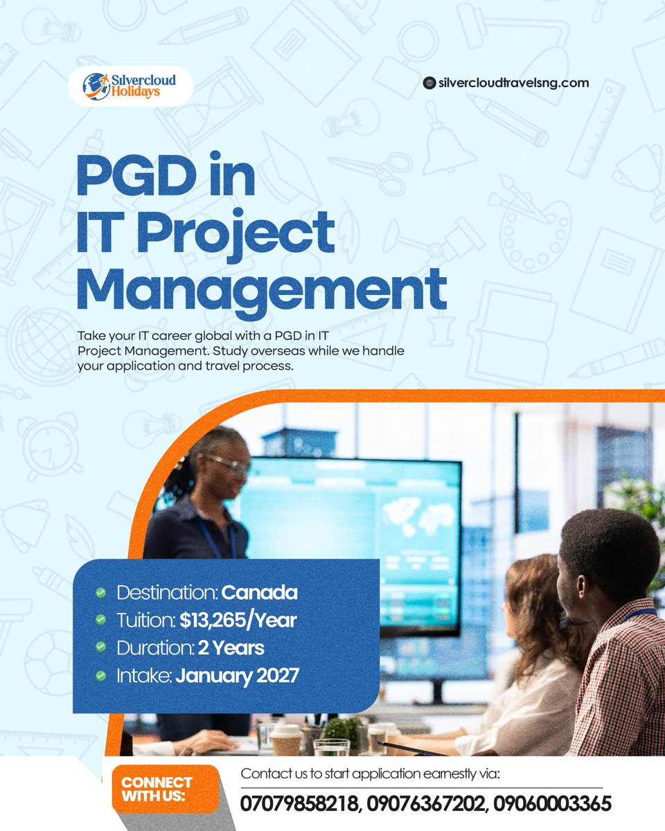 SilvercloudTra1's tweet photo. Ready to lead in tech? Apply for the PGD in IT Project Management in Canada

$13,265/year | 2 Years | January 2027 Intake

Applications are best started early.

Send us a message to begin.

#SilvercloudTravels 
#StudyInCanada 
#ITProjectManagement 
#CareerGrowth https://t.co/LLjOP57pty