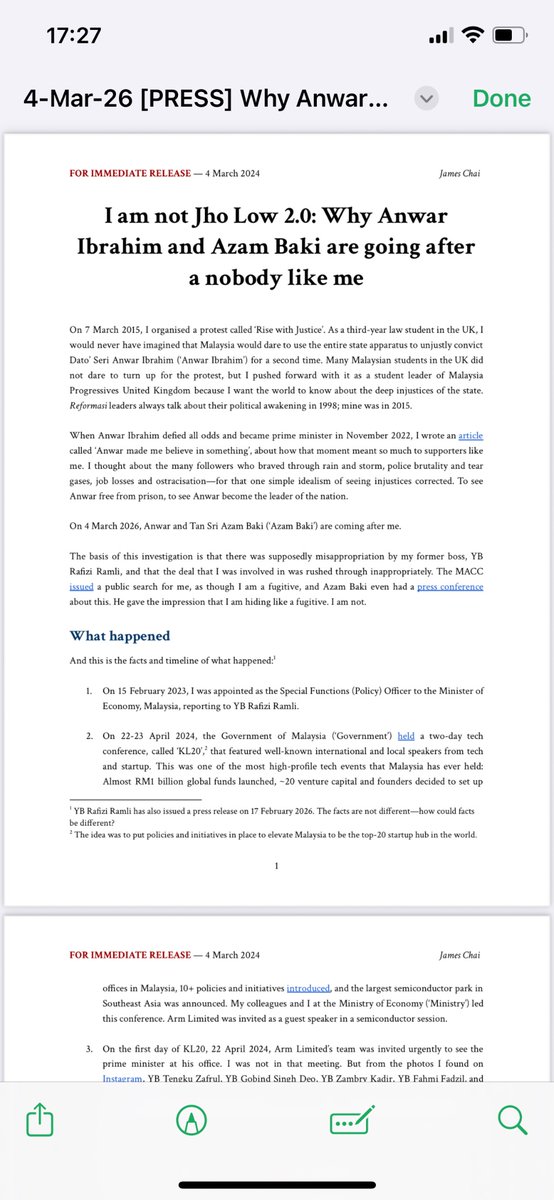 SyedJymalZahiid's tweet photo. James Chai, Rafizi’s former special functions officer, has issued a strong statement chiding the MACC and Anwar. He said the MACC is intentionally painting him as a fugitive when he’s not even running. Part of his statement below: https://t.co/4m3GKkmPxr