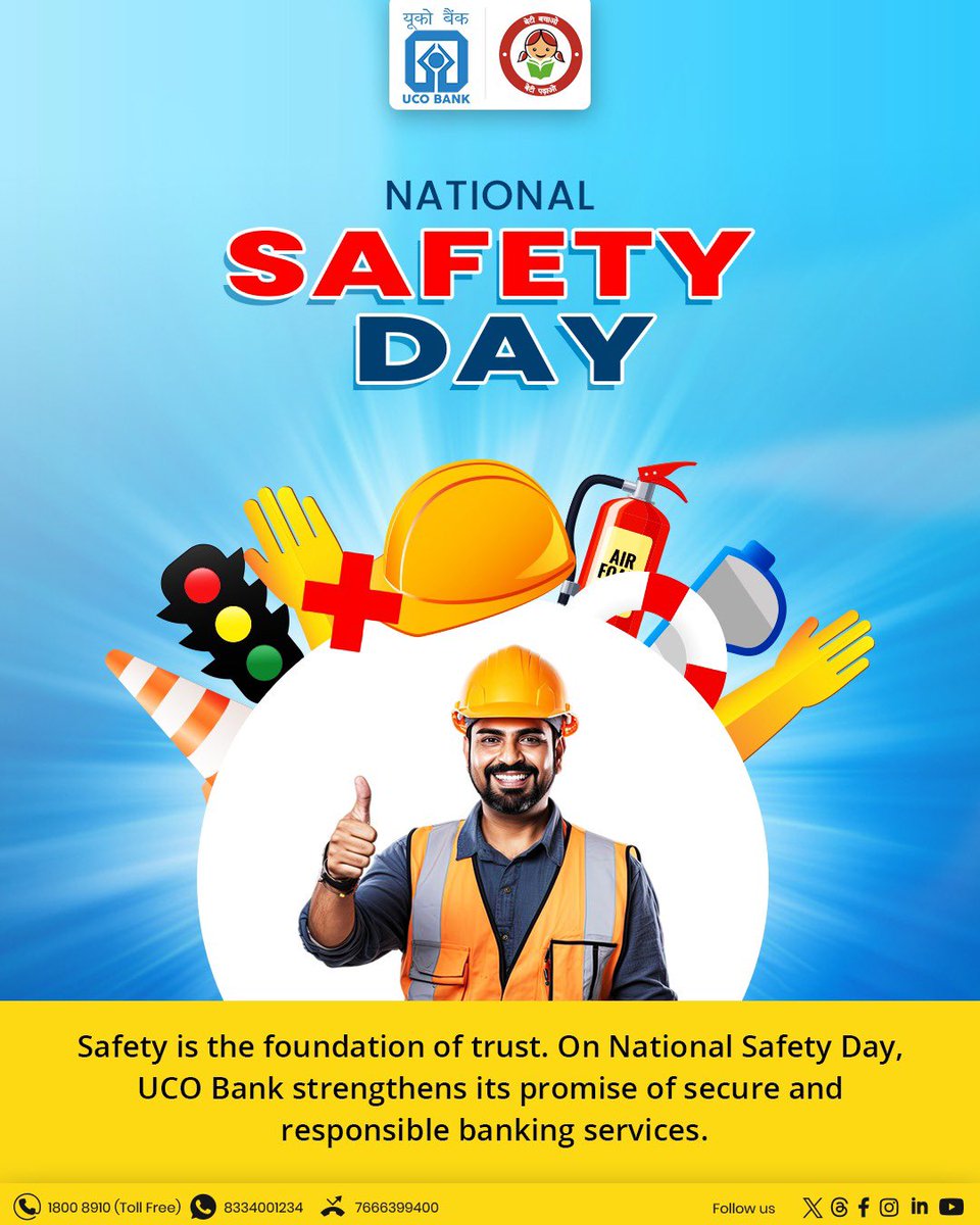 UCOBankOfficial's tweet image. A safe environment builds strong foundations for progress. On National Safety Day, let’s reaffirm our commitment to protection, prevention, and responsibility.

#NationalSafetyDay #SafetyMatters #PreventionFirst #SecureTomorrow #workplacesafety