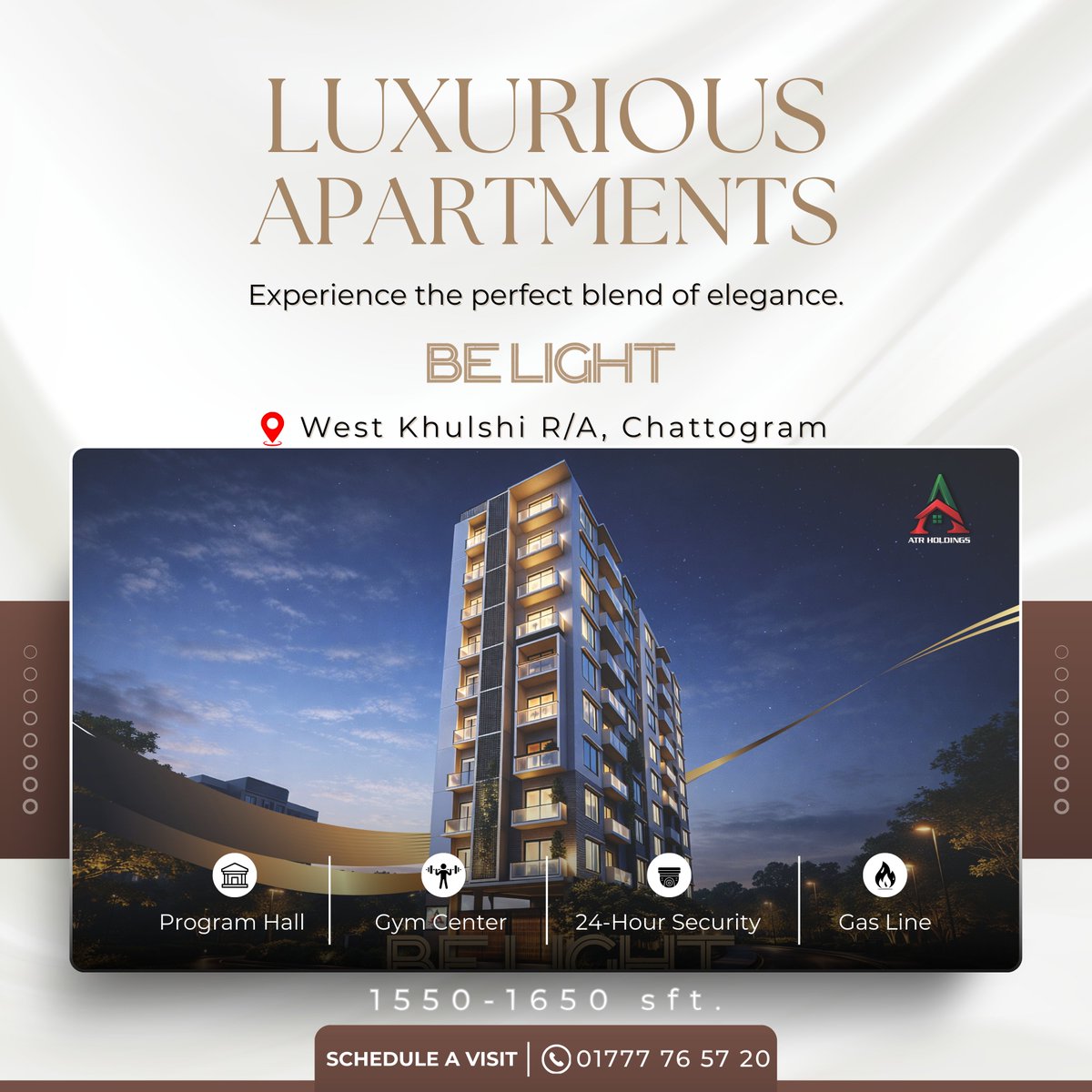 🔸 Apartment Size: 1550 – 1650 sq.ft.
🔸 Floor: 10 Storey (2 Unit per floor)
🔸 Land Area: 7 Katha
🔸 Bedrooms: 3
🔸 Bathrooms: 3
🔸 Living + Dining Room
🔸 2 Spacious Balconies
🔸 Parking, Lift &amp; Generator Facilities