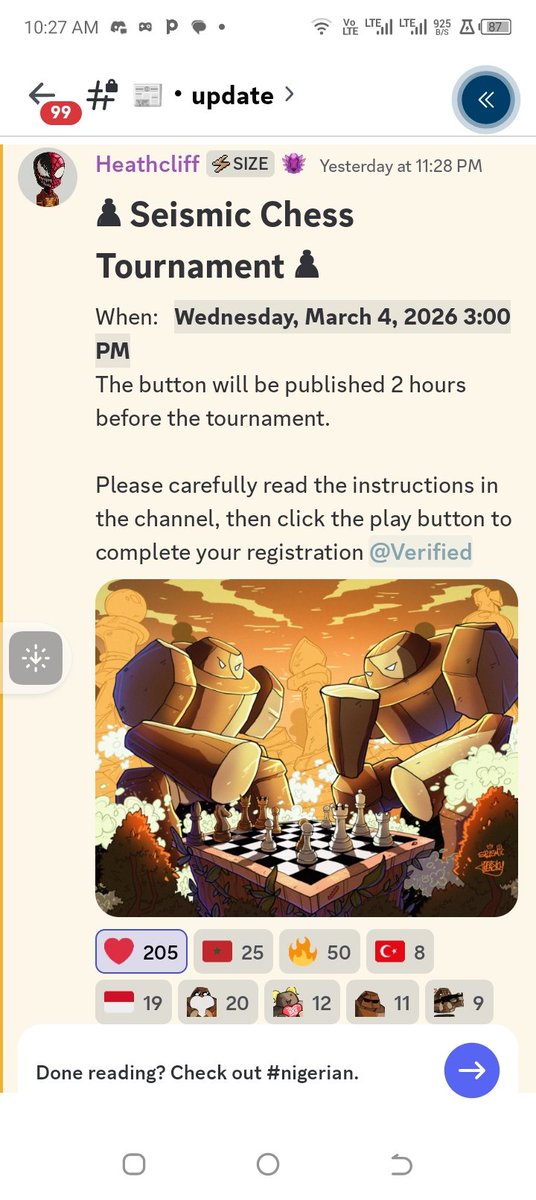 Get ready for <a href="/SeismicSys/">Seismic</a> chess tournament happening today by 3pm
It's gonna be massive 
<a href="/heathcliff_eth/">Heathcliff</a> 
<a href="/lyronctk/">Lyron</a> 
<a href="/xealistt/">Xealist</a> 
<a href="/xplanettt/">Xplanet</a>