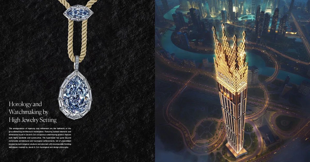 centurion_engnr's tweet photo. NYの高級宝飾ブランド「Jacob & Co」初のブランデッドレジデンス「Burj Binghatti Jacob & Co Residences」がドバイ・ビジネスベイ地区に2026年後半の完成を目指し建設中。高さ557m・100階層を超える「ハイパータワー」で、完成すれば世界で最も高い居住用タワーとなる。価格は2BR・約310㎡の「エメラルド」で約3.8億円（AED 9.2M）〜、5BR・約1,097㎡の「アストロノミア」で約71億円（AED 175M）〜。多くのタイプでプライベート・インフィニティプールとテラスを完備。住戸名は宝石や時計コレクション名を冠しており、最上階には1戸限定・約2,083㎡の至高の住戸「ビリオネア スカイ ペントハウス（約300億円〜）」を用意。タワー頂上には象徴的なジェイコブ・ダイヤモンドの王冠が配置されるんだとか
イラク情勢の悪化により相場の下落は避けようがない状況かもしれませんが、速く平和になってほしいですね
