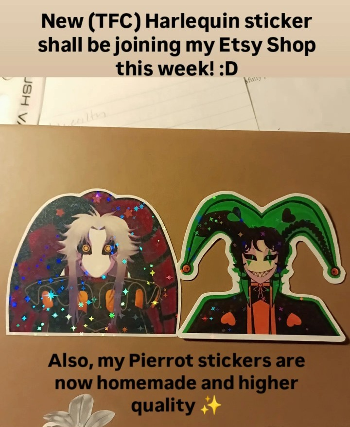 Sluglassie's tweet photo. Etsy Shop Updates:
Pierrot stickers will be restocked this week along with a new addition, Harlequin!
The Pierrot stickers are now homemade and higher quality✨Possible addition of art prints to the shop as well? 👀
#thefreakcircus #thefreakcircuspierrot #thefreakcircusharlequin https://t.co/ZfesSvQODp