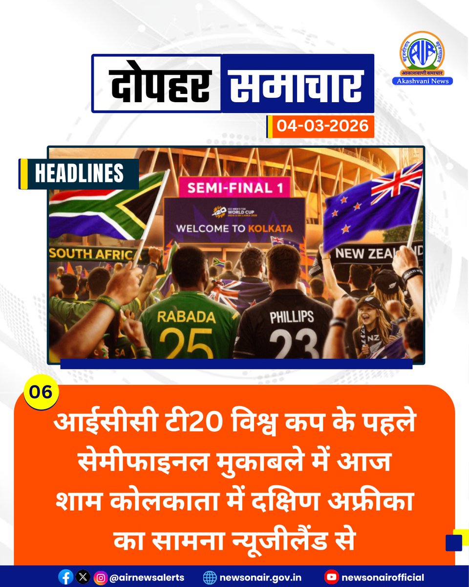 AIRNewsHindi's tweet photo. #आकाशवाणी से प्रस्तुत है #दोपहर_समाचार - मुख्य समाचार  

 #AkashvaniNews #AkashvaniHeadlines #AkashvaniThreads 🧵 #March4 https://t.co/pWL1ActlOJ