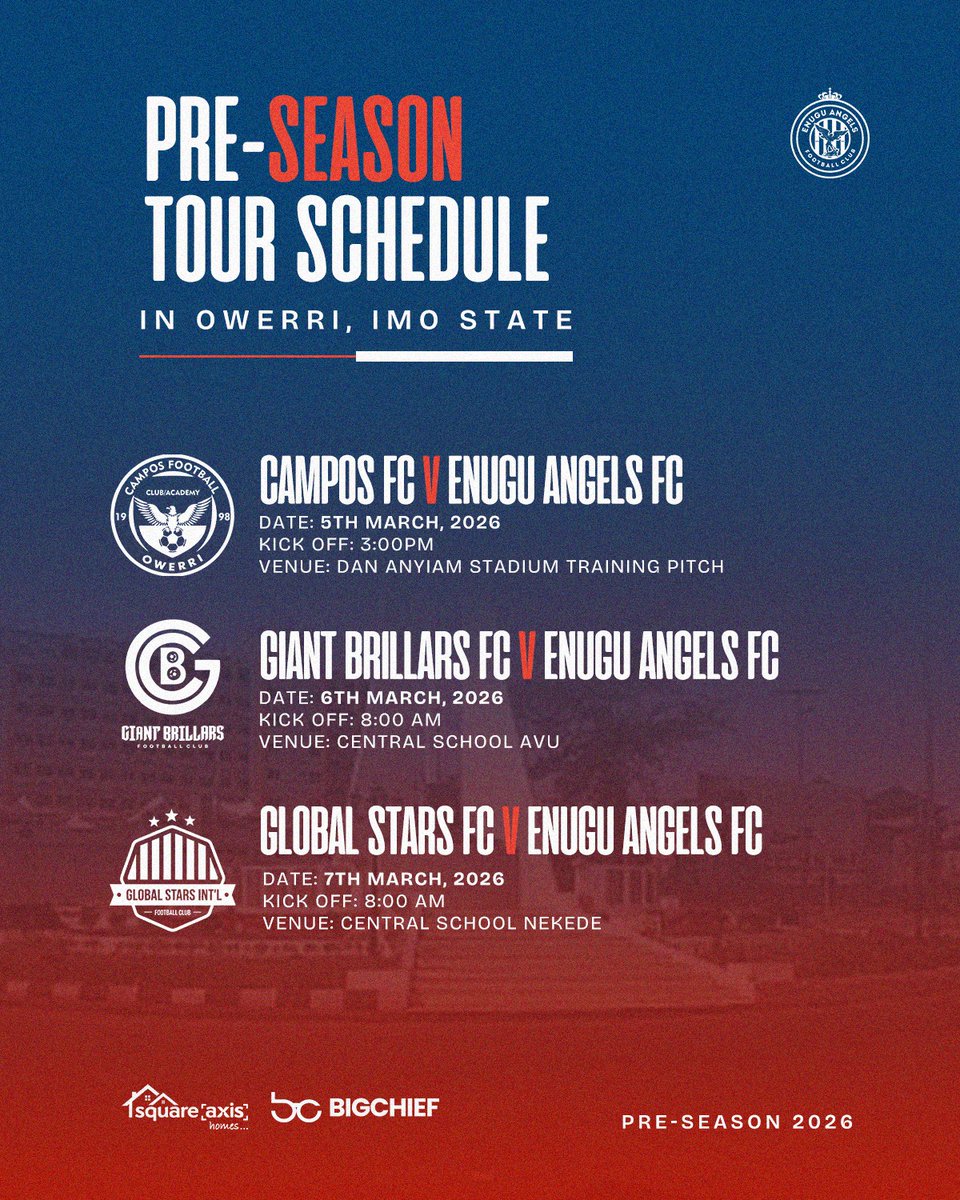 Enuguangels_fc's tweet photo. Our Pre-season schedule is ready. 🚀 Who is in Heartland? 

#preseason #grassrootfootball #enuguangelsfc #fifa #nff https://t.co/JE6kftOvO9