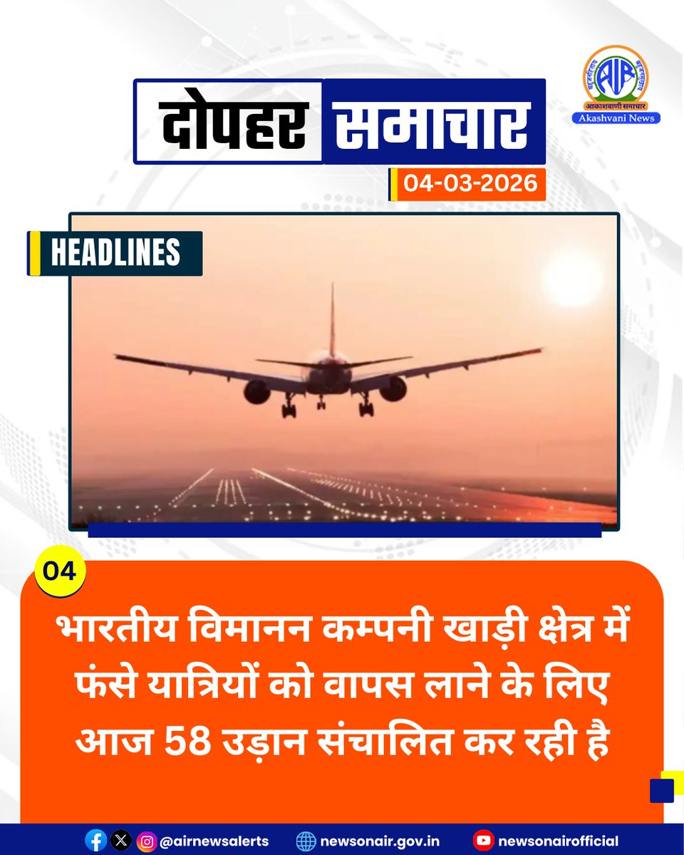 AIRNewsHindi's tweet photo. #आकाशवाणी से प्रस्तुत है #दोपहर_समाचार - मुख्य समाचार

भारतीय विमानन कम्‍पनी खाड़ी क्षेत्र में फंसे यात्रियों को वापस लाने के लिए आज 58 उड़ान संचालित कर रही है।

#AkashvaniNews #AkashvaniHeadlines #AkashvaniThreads 🧵 #March4 https://t.co/iX2VlwT223