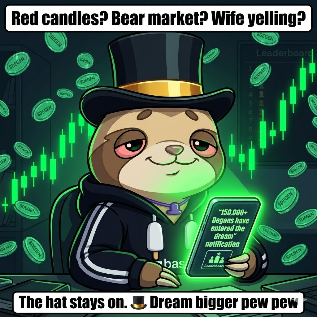 Kad1rss's tweet photo. "Red candles? Bear market? Wife yelling?  ...nah fam, this degen sloth just hit 150k+ entered the dream notification
points stacking, leaderboard green, life rekt but zen af  The hat stays on. 
Dream bigger or get left behind pew pew  @degentokenbase
 fam where my coffee at" https://t.co/cy2mNGPKWa