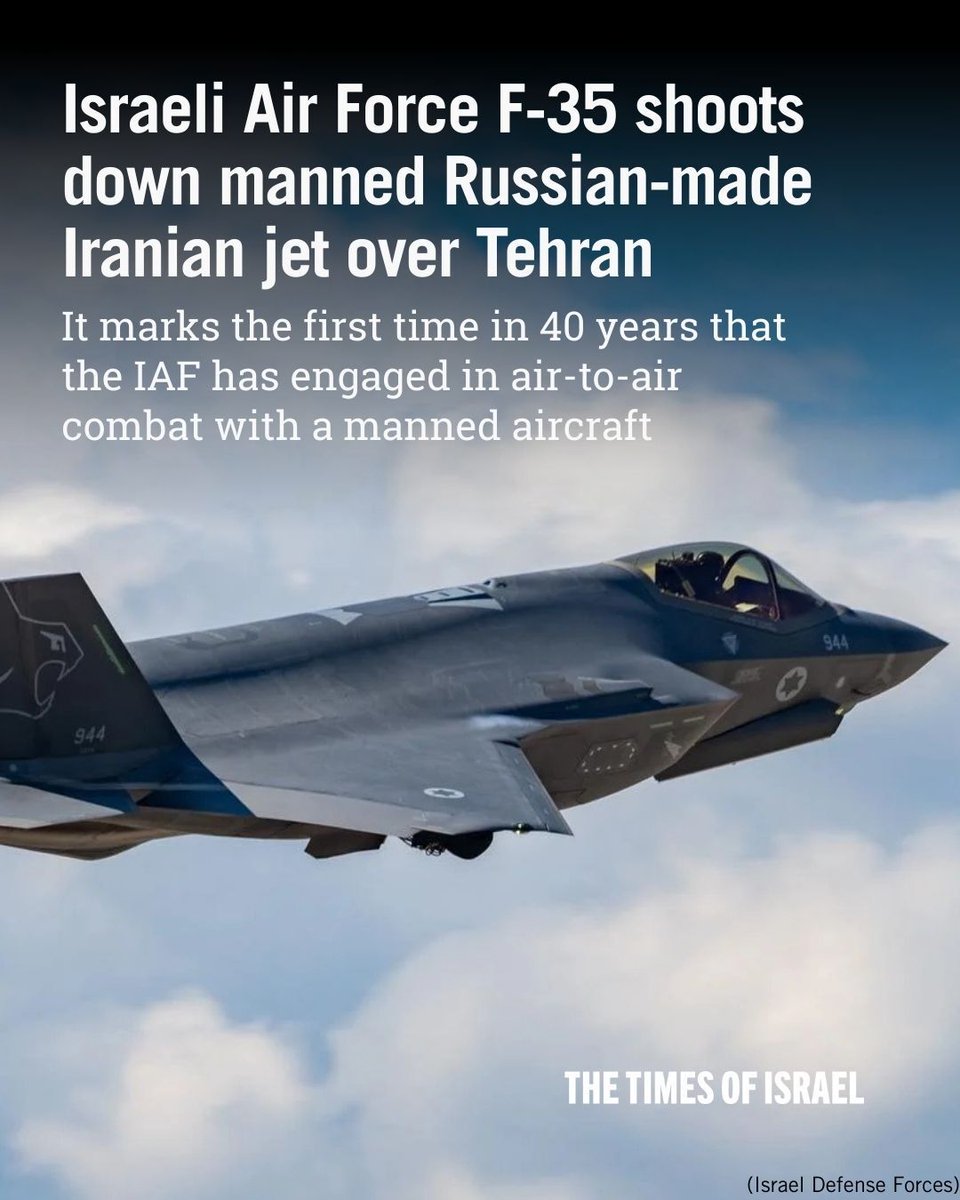 An Israeli Air Force F-35I fighter jet shot down a Russian-made Iranian Yak-130 jet over Tehran a short while ago, the IDF says.

It marks the first-ever downing of a manned aircraft by an F-35.

It also marks the first time in some 40 years that the Israeli Air Force has engaged
