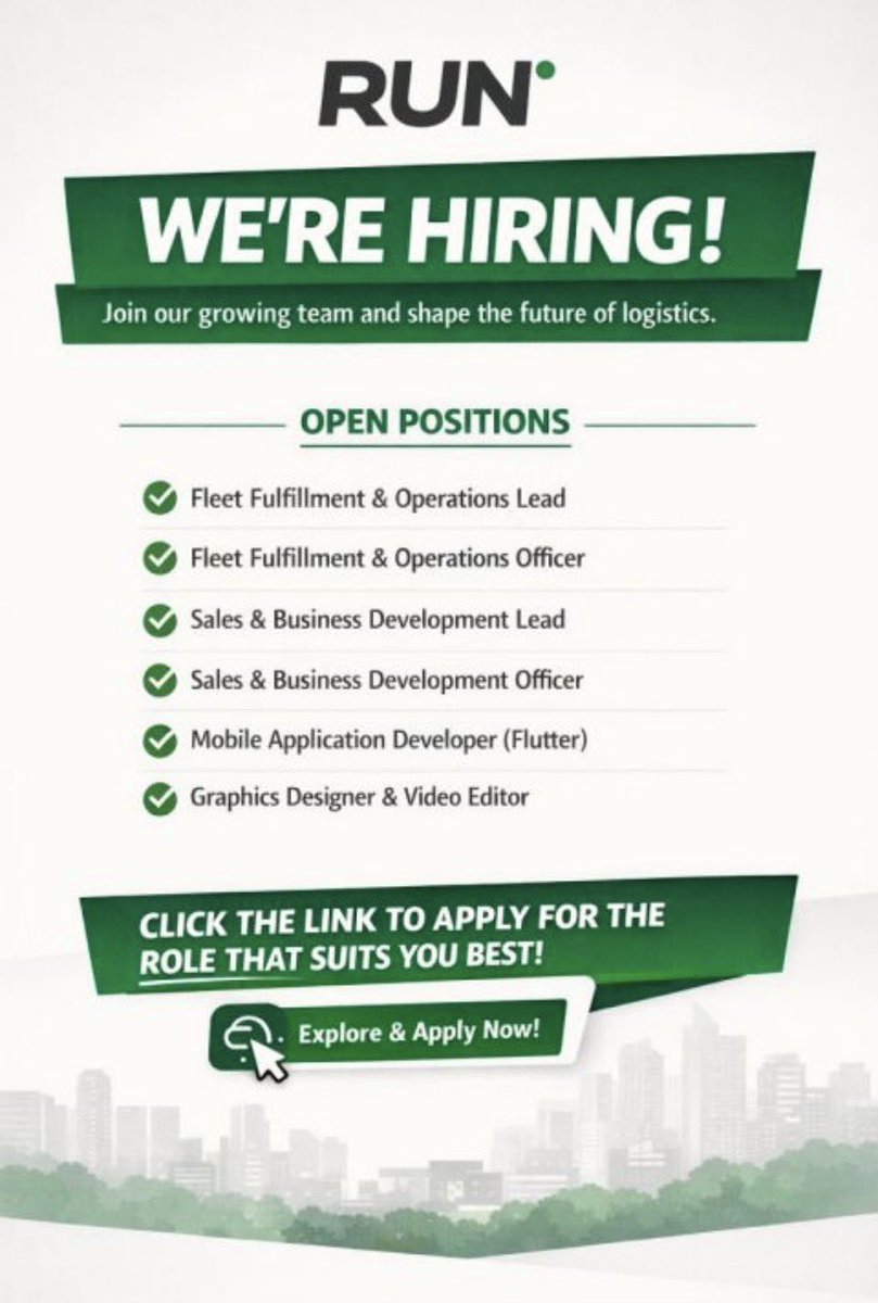 RUN is expanding, and we’re hiring across multiple teams to support our growing operations.

As we scale our last-mile delivery solutions, we’re looking for driven people who want to build, grow, and do meaningful work alongside a fast-moving team.

We’re currently recruiting for