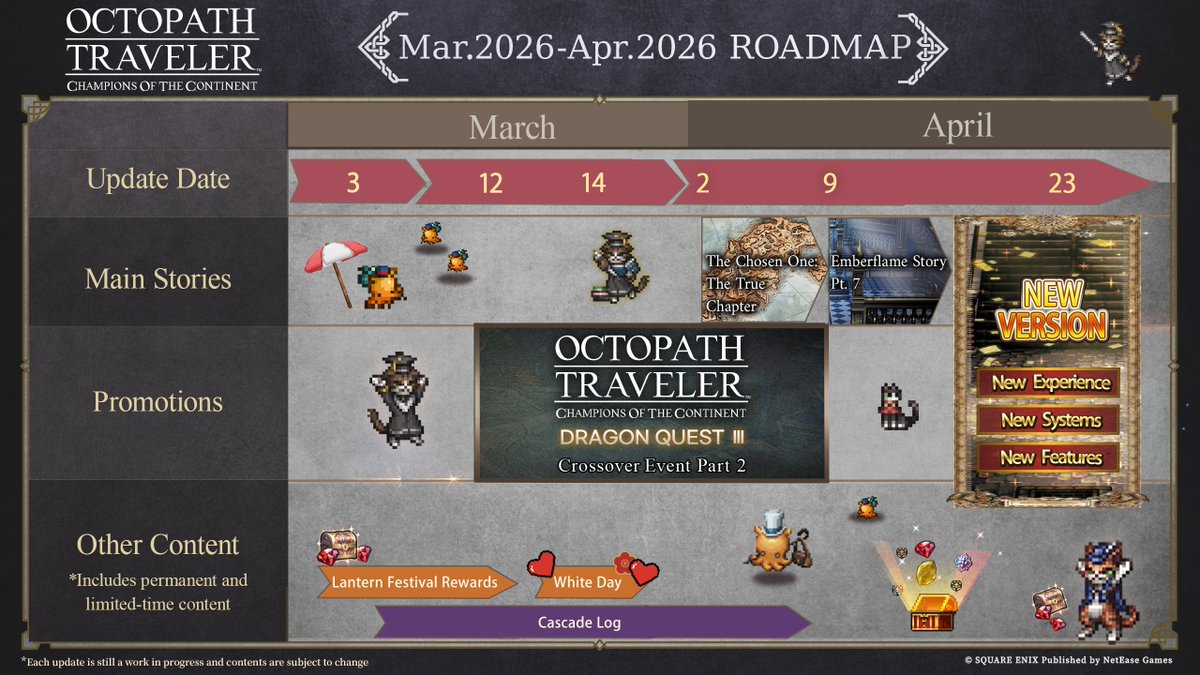 octopath_cotc's tweet photo. Dear Travelers,
Here's the 2026 March-April Roadmap!
Check it out and prepare yourself for some unforgettable adventures over the next two months! 🥰
Happy Travels, everyone! #OCTOPATHCotC https://t.co/Z67DktoxAp