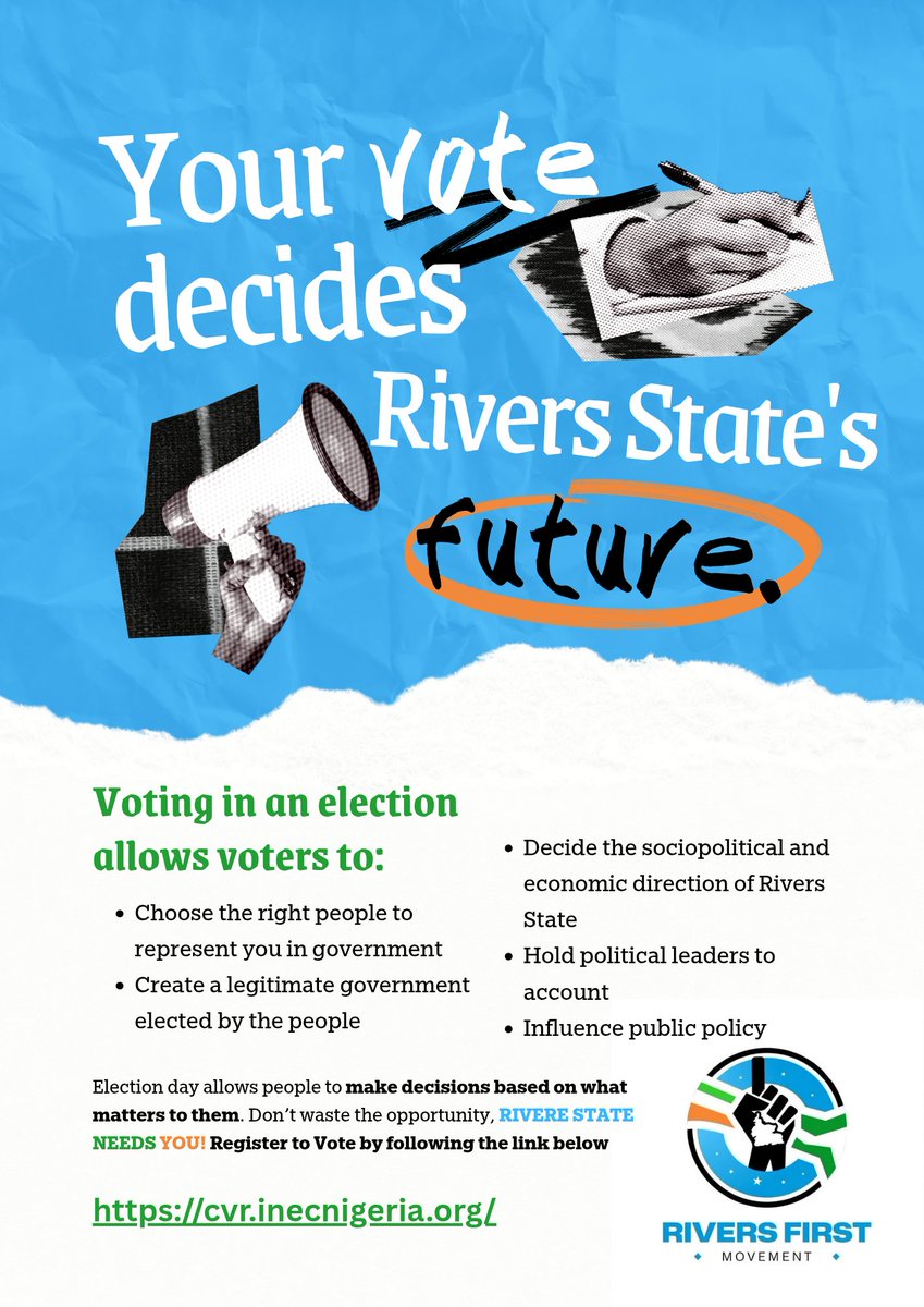Rivers_First's tweet image. Your vote decides the future of Rivers State. Register to vote today!

Join the Rivers First Movement (RFM)

#RiversState 
#RiversFirst
#RiversFirstMovement