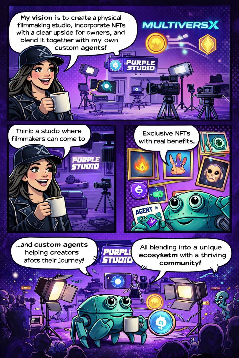 PurplestudioX's tweet image. Something I’ve been dreaming about building… 💜🎬

A real filmmaking ecosystem powered by creativity, AI agents, and Web3.

Introducing the vision for Purple Studio.

Here’s the idea 👇

• 🎥 Physical filmmaking studio
A creative space where filmmakers can come, shoot,
