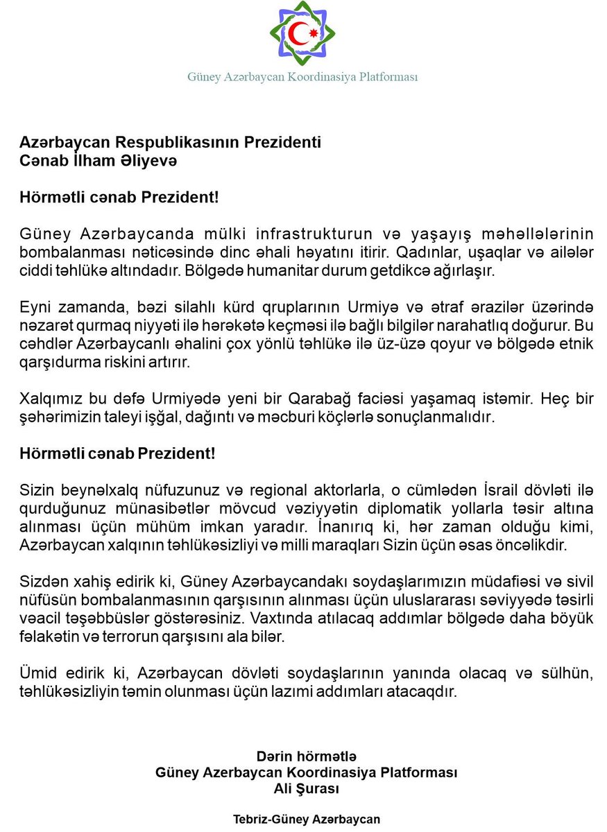 Güney Azerbaycan Koordinasiya Platforması Azerbaycan Prezidenti İlham Aliyev cenablarına resmi müraciet ünvanladı.
<a href="/azpresident/">İlham Əliyev</a>