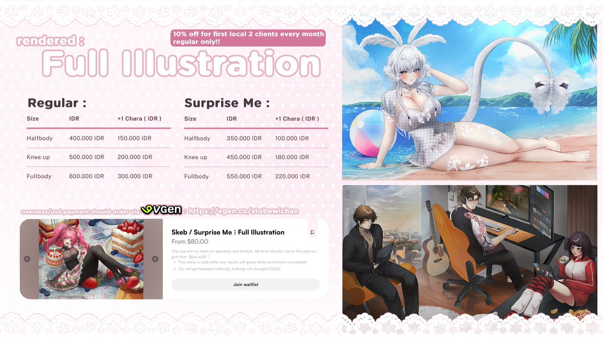aerokanojo's tweet photo. 🌷OPEN COMMISSION | ♡ + ↻ appreciated 🌷

open waitlist everyday, dm me for order
sale 15% render styles every month for local clients!!

tos : https://t.co/fo8UHOmuGc
🇮🇩 form : https://t.co/siAx75n78W
vgen : https://t.co/umFf1MVHMF

#VgenComm #commissionopen #zonajajan https://t.co/7UcWaM3FMJ