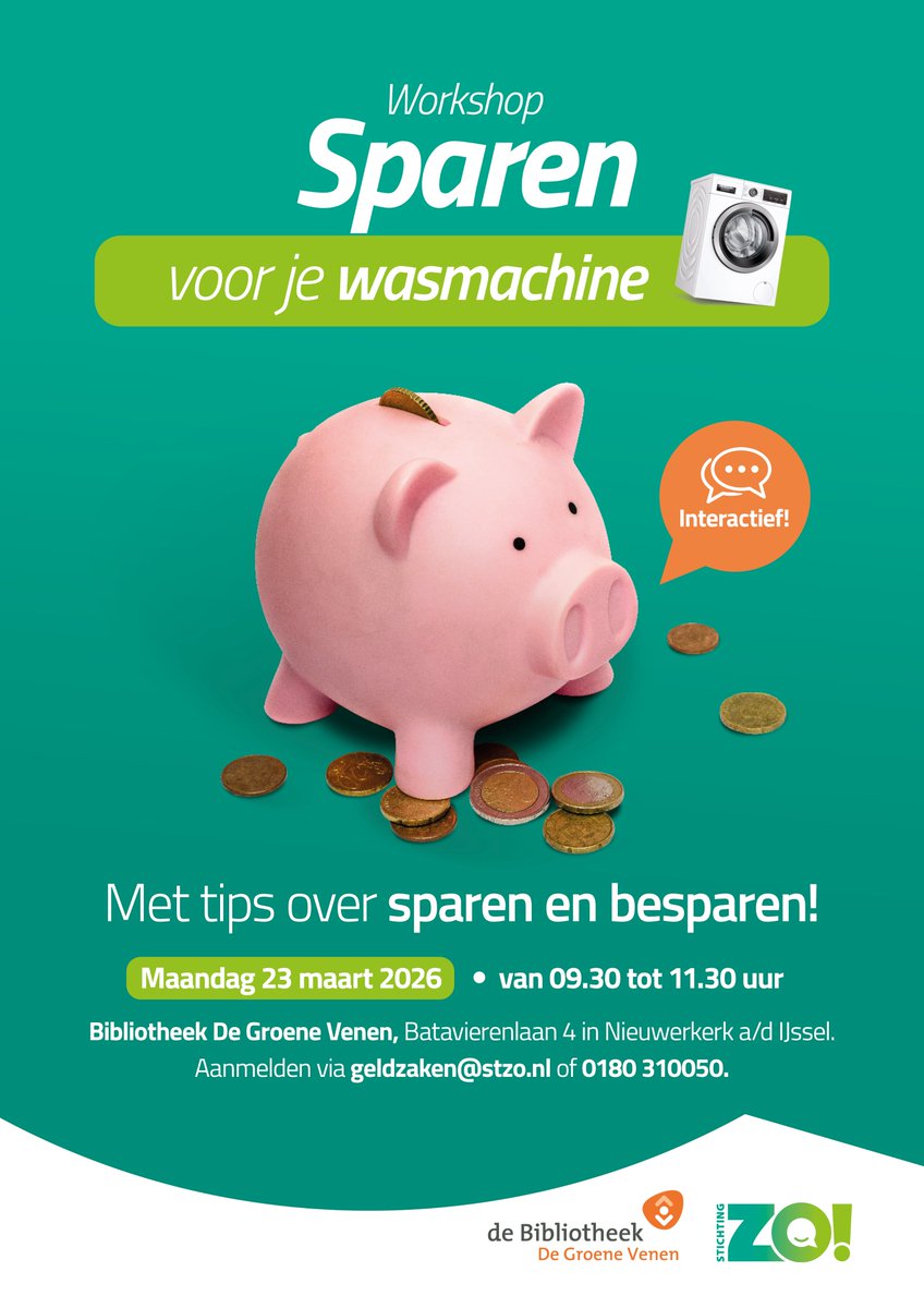 stichtingzo's tweet photo. Moeite met #sparen of beter leren budgetteren? Kom naar de workshop ‘Sparen voor je wasmachine’ op 23 maart van 9.30���11.30 uur. Start van de #WeekvanhetGeld! We bespreken sparen, lenen en slim budgetteren. Bij Bibliotheek De Groene Venen. Gratis, aanmelden via geldzaken@stzo.nl. https://t.co/onXbp6F7m4