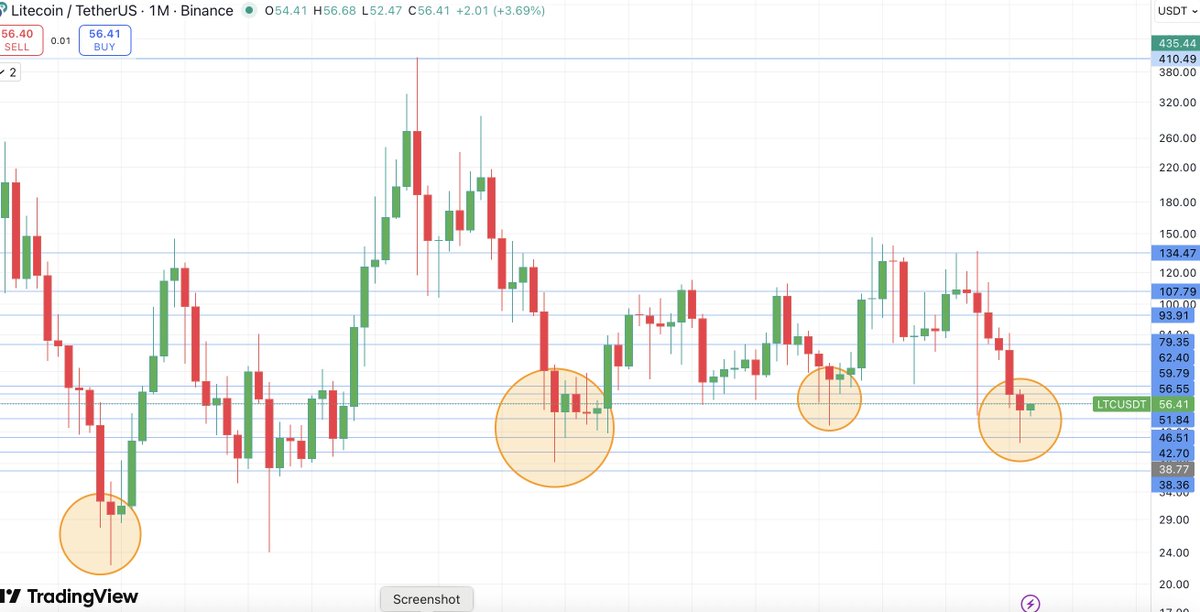 $LTC past price action pattern: monthly long-wicked red hammer candles AFTER a downtrend usually resulted in a change of trend and and an upswing...

Not an iron rule of course, just a certain likelihood based on observation. Still...