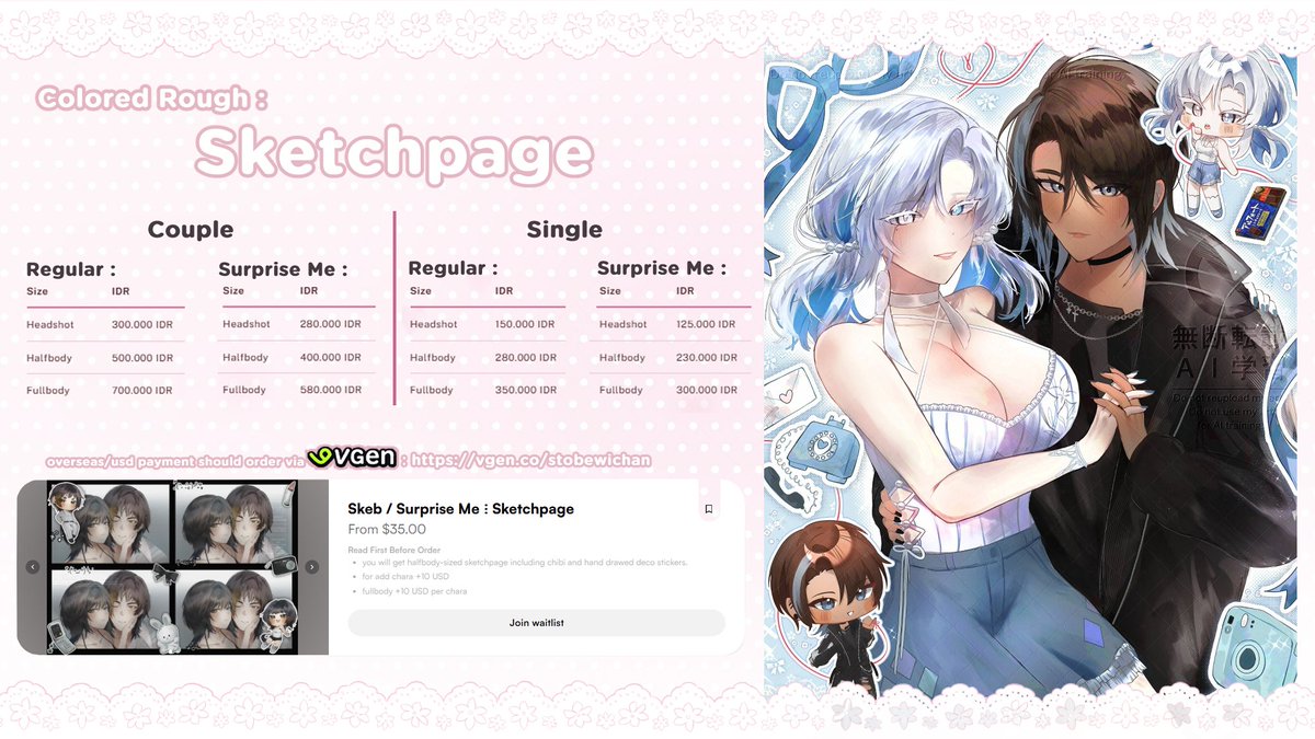 aerokanojo's tweet photo. 🌷OPEN COMMISSION | ♡ + ↻ appreciated 🌷

open waitlist everyday, dm me for order
sale 15% render styles every month for local clients!!

tos : https://t.co/fo8UHOmuGc
🇮🇩 form : https://t.co/siAx75n78W
vgen : https://t.co/umFf1MVHMF

#VgenComm #commissionopen #zonajajan https://t.co/7UcWaM3FMJ