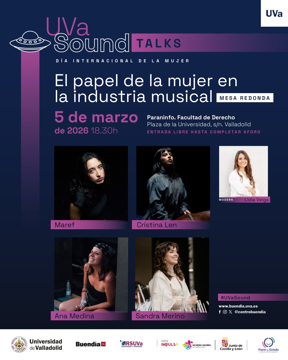 centrobuendia's tweet photo. 💜🎙️ UVa Sound #Talks · 5 marzo

Mesa redonda sobre “El papel de la mujer en la industria musical” con MAREF, @cristinalen__, @asidesastre y Sandra Merino. Modera @Lidiavgo 

📍 Paraninfo @UVa_es · 18:30h
🎟️ #EntradaLibre
ℹ️ https://t.co/SMInmk1RiX https://t.co/wU7YXE4YJC