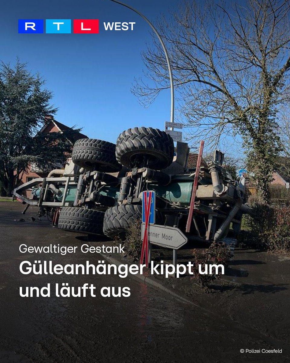RTLWEST's tweet photo. In #Senden im Kreis #Coesfeld ist am Dienstag (03.03.) in einem Kreisverkehr ein #Güllefass umgekippt. Es lief komplett aus. 15.000 Liter #Gülle verteilten sich auf der Straße. An der Unfallstelle stank es gewaltig. Ein Traktor hatte das Güllefass geladen. Warum es umkippte, ist noch unklar. Der Kreisverkehr war für die Bergung und Reinigung mehrere Stunden gesperrt. Verletzt wurde niemand.