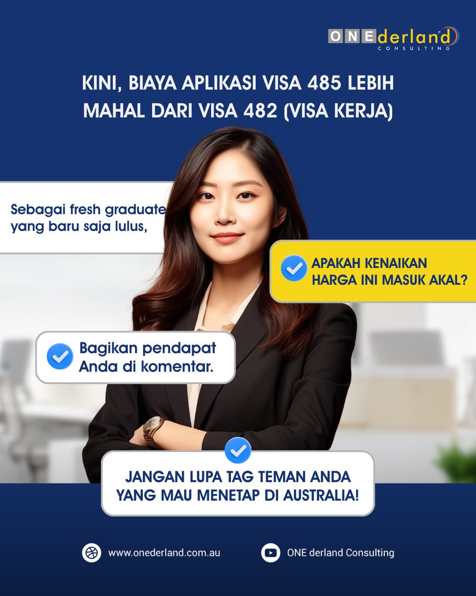 onederland_idn's tweet image. Mulai Maret 2026, biaya aplikasi Temporary Graduate Visa (Subclass 485) resmi naik hingga 200%.

Artinya?
Biaya untuk tinggal setelah lulus di Australia sekarang bisa jadi 2X lebih mahal.

#visaaustralia #migrationagent #485visa #internationalstudents