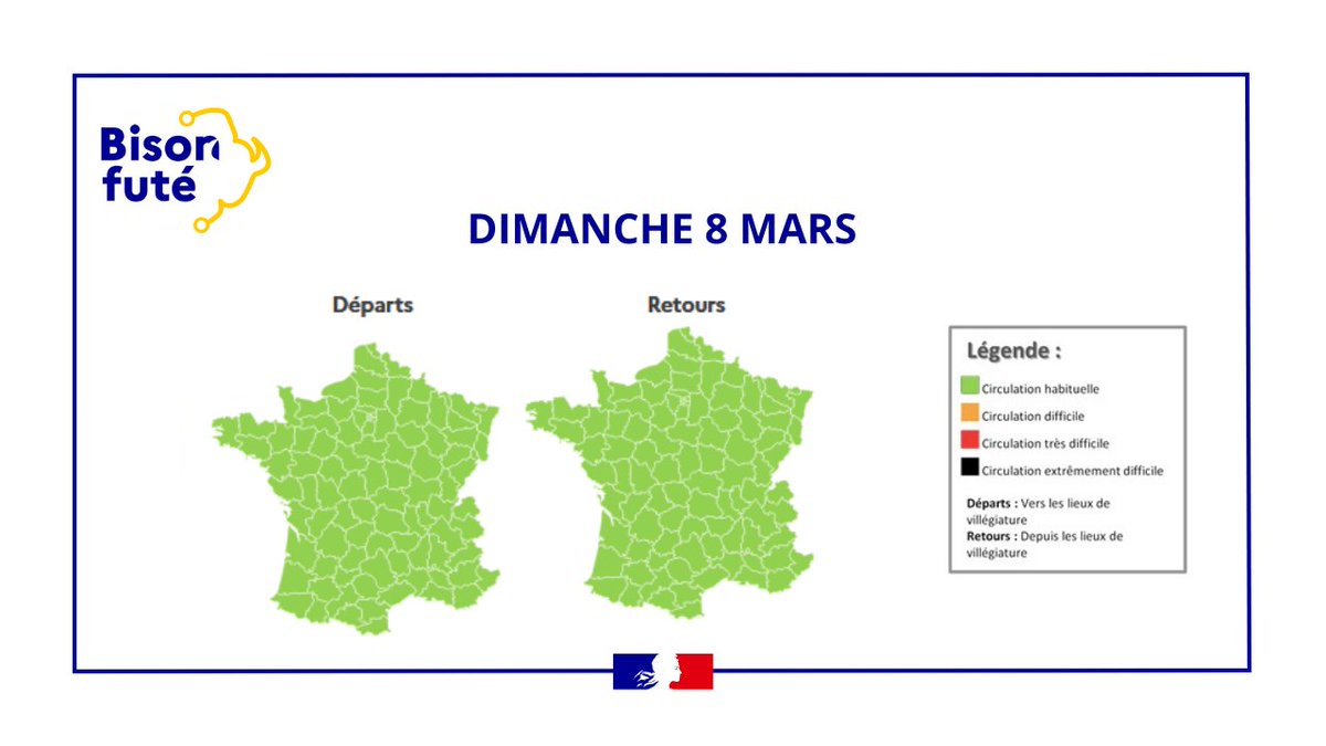 ℹ️#InfoTrafic #vacances #Hiver
Pour ce dernier #weekend, samedi 07/03 la circulation sera : 
🟧Difficile en Auvergne-Rhône-Alpes dans le sens des départs
🟧Difficile en IdF, en Bourgogne-Franche-Comté et dans l'Est dans le sens des retours
Détails➡️t.ly/7zmPn🛣️🚗