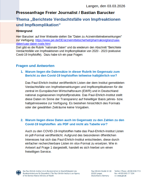 BBarucker's tweet photo. Die Auswertung zweier Wissenschaftler zeigte, dass es nach der Corona-Impfung bis zu 30-mal mehr Todesfälle gab als nach herkömmlichen Impfungen. Ich hatte bereits darüber berichtet. Da die vorliegenden PEI-Daten unvollständig und widersprüchlich waren, habe ich eine Presseanfrage gestellt, die gestern in einem eher unfreundlichen Ton beantwortet wurde. 
Artikel zum Thema: https://t.co/isbzXWry8i