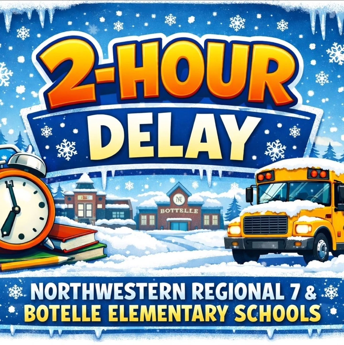 NorfolkEMD's tweet photo. There will be a two-hour delay today for the elementary school and high school due to the icy road conditions which will improve through the day as the temperature rises. https://t.co/eNzaw2ju60