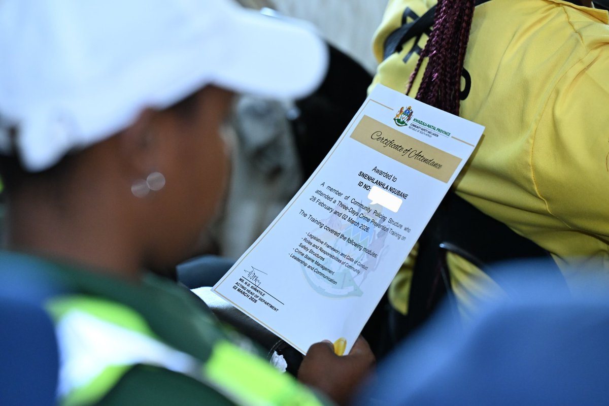 kzngov's tweet photo. Strengthening community safety through volunteerism.

Premier Thamsanqa Ntuli applauded the commitment and dedication of 104 newly trained community crime prevention volunteers in Richmond. These structures play an important role in supporting law enforcement and building safer, more cohesive communities.

Government continues to invest in training and capacitating community safety structures across KwaZulu-Natal.

#KZNGov #CommunitySafety #SaferKZN #OperationSukumaSakhe #CrimePrevention