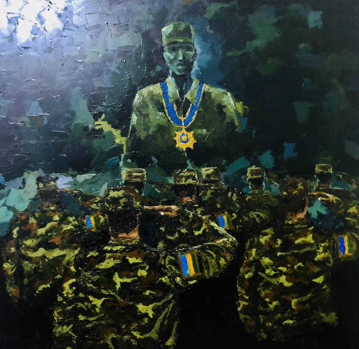 Protecting our country is a badge of honor which the Rwanda Defense Forces carries proudly. 🫡❤️ 🇷🇼 

Umudende
150x150 cm 
Acrylics on Canvas 
#2022 
#ISALIYUTI