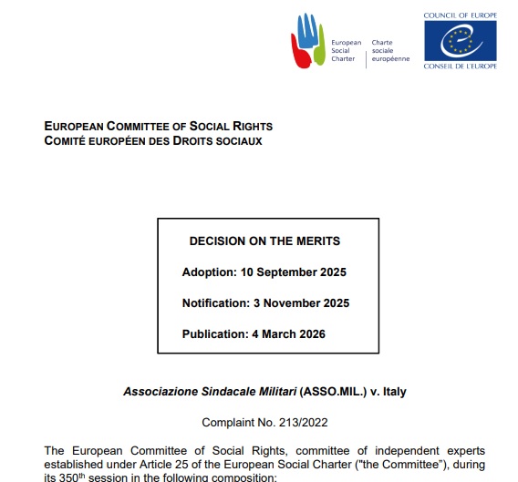 Publicada decisión de fondo #CEDS <a href="/assomil1/">Associazione Sindacale Militari</a> v. Italy Complaint No. 213/2022 fondo pensiones exclusión militares discriminación. Violación arts. 12.3 y E #CartaSocialEuropea Texto completo: hudoc.esc.coe.int/?i=cc-213-2022…