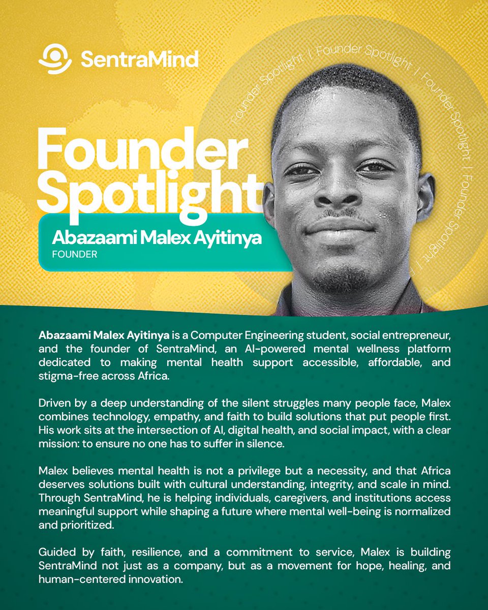 sentramind1's tweet photo. Founder Spotlight: Meet our founder,driven by empathy, faith, and technology to make mental health care affordable, stigma-free, and human-centered.💚💚
#sentramind #mentalhealth #mentalhealthawareness https://t.co/qUAddMlQFD
