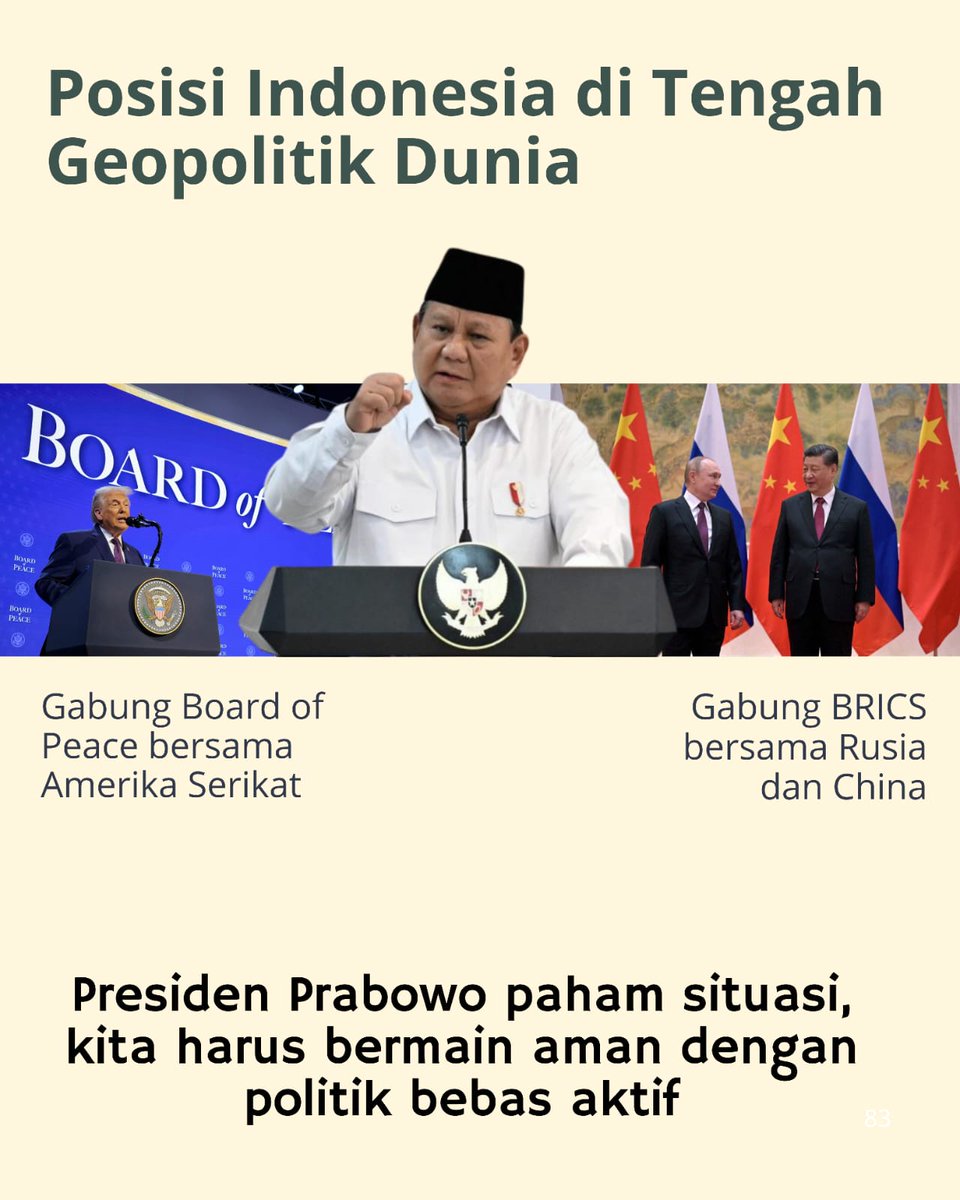 di tengah panasnya geopolitik global, Misi Perdamaian Dunia jadi komitmen indonesia untuk tetap konsisten dengan politik bebas aktif. rangkul semua pihak, jaga kepentingan nasional, dan terus jadi jembatan dialog dunia
