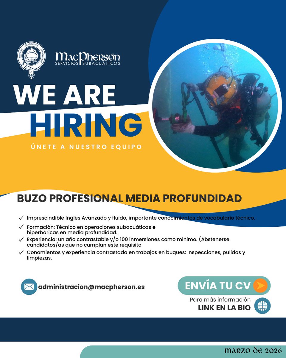 Busco Buzo Prof. de Media Profundidad 🤿

✅ Téc. Operaciones Subacuáticas ✅ +1 año exp. o 100 inmersiones ✅ Inglés técnico avanzado ✅ Exp. en buques (limpieza/inspección)
📍 Envía tu CV aquí [Añadir Link/Email]
#BuceoProfesional #EmpleoAzul #CommercialDiving