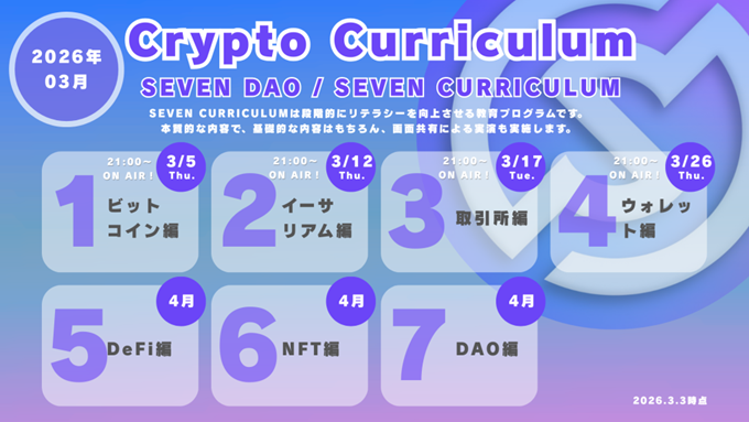 Seven Curriculum ビットコイン編の配信を昨日開催しました。 SEVEN DAOでは、3月を通してクリプトの基礎を順番に解説して ...