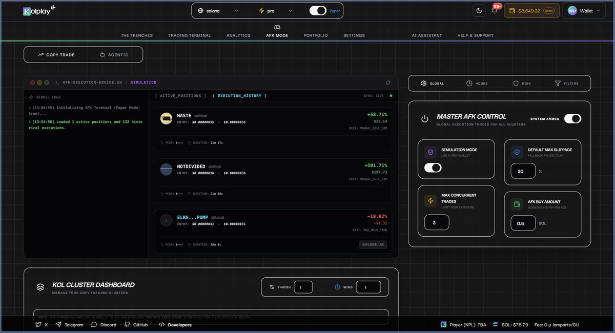 pixelotic_'s tweet photo. It's not just COPY TRADING. It's an agentic autonomous AFK mode. AFK meaning "Away From Keyboard" is a mode on Kolplay that gives power to the agent to visualize overlapping tokens bought by KOLs, use machine learning to predict in real time, buy and sell tokens without YOU! $KPL https://t.co/wWcobyWJvY