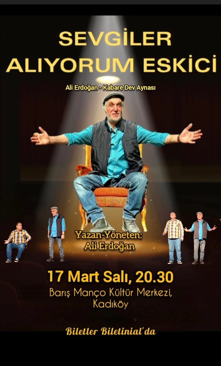 Hatıralarınız kadar insansınız…SEVGİLER ALIYORUM ESKİCİ 17 Mart Salı 20.30 da Kadıköy Barış Manço Kültür Merkezi ‘nde. Biletler: Biletinial ‘da . 
#tiyatro