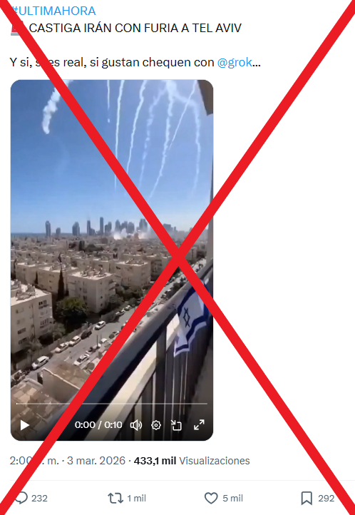 📹❌  Este video que supuestamente muestra un bombardeo masivo de Irán a Tel Aviv está generado con inteligencia artificial (IA). 

🤖 La pieza presenta errores típicos de contenidos creados artificialmente. 

🔎 Herramientas como HIVE validan su origen sintético.