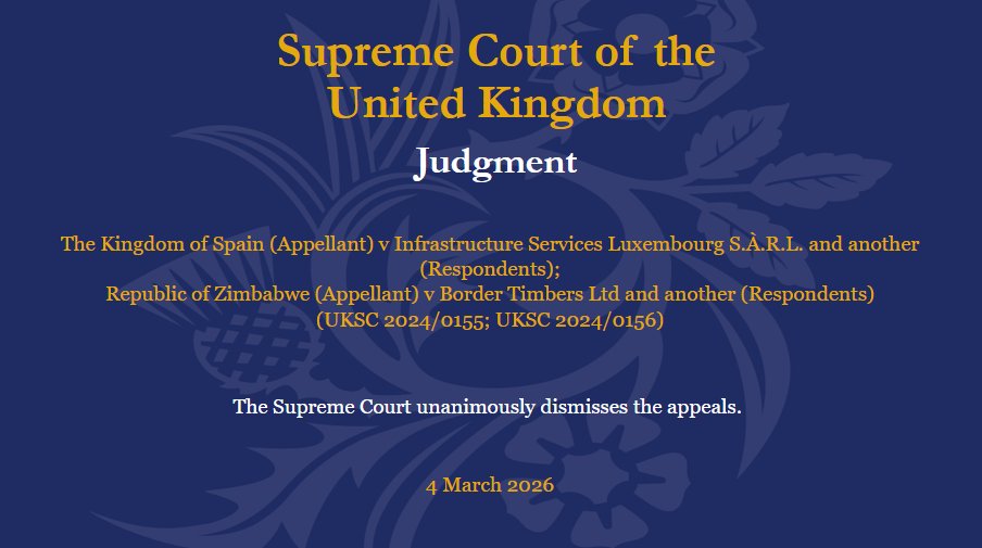 UKSupremeCourt's tweet photo. Judgment has been handed down this morning in the matter of The Kingdom of Spain (Appellant) v Infrastructure Services Luxembourg S.À.R.L. and another (Respondents); Republic of Zimbabwe (Appellant) v Border Timbers Ltd and another (Respondents): https://t.co/IqmWTpBEiK https://t.co/x4zQzyVyUj
