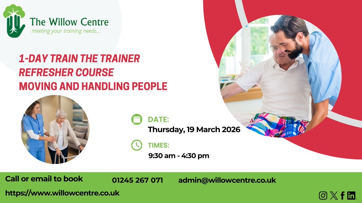 willowctr2015's tweet photo. 1-Day Train the Trainer Refresher: Moving &amp; Handling People
📍 The Willow Centre, Chelmsford, Essex
📅 Thu 19 Mar 2026 | 🕘 9:30–4:30
Book: 01245 267 071 | admin@willowcentre.co.uk | https://t.co/ulGyYlncqI https://t.co/p9QsGkXGut