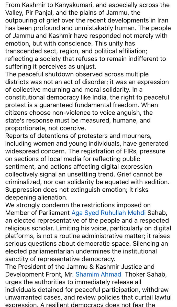 From Kashmir to Kanyakumari, people mourn the murder of Supreme Leader with unity beyond sect or region. In J&amp;K, peaceful protest is a constitutional right,detentions, FIRs &amp; curbs on MP <a href="/RuhullahMehdi/">Aga Syed Ruhullah Mehdi</a> raise serious concerns. Democracy must listen, not silence. <a href="/OfficeOfLGJandK/">Office of LG J&K</a>