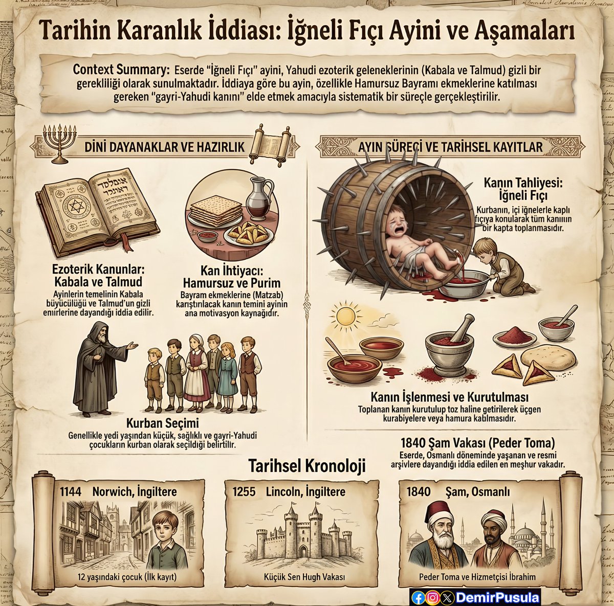 İğneli Fıçı 
Yahudi olmayan çocukların bir iğneli fıçıya konularak kanlarının akıtılması ve akan kanın kurutulup 3 Mart Purim ve Mayasız ekmeklerin içine katılmasına dayanır 
Cevat Rıfat'ın eserinde geçen “İğneli Fıçı” ve yüzlerce cinayet iddiaları ülkelere ;
🇹🇷Osmanlı &amp; Türkiye